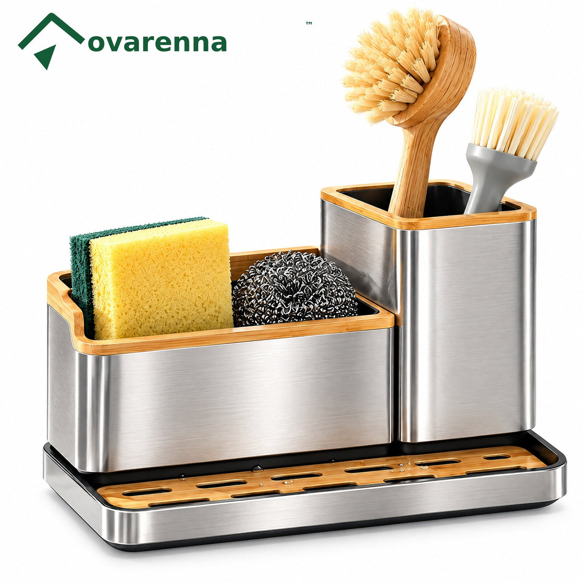 ovarenna Stainless Steel & Bamboo Sink Organizer detail image