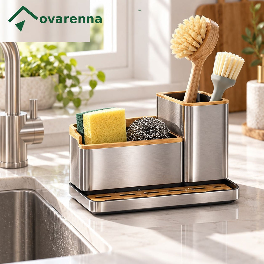 ovarenna Stainless Steel & Bamboo Sink Organizer detail image