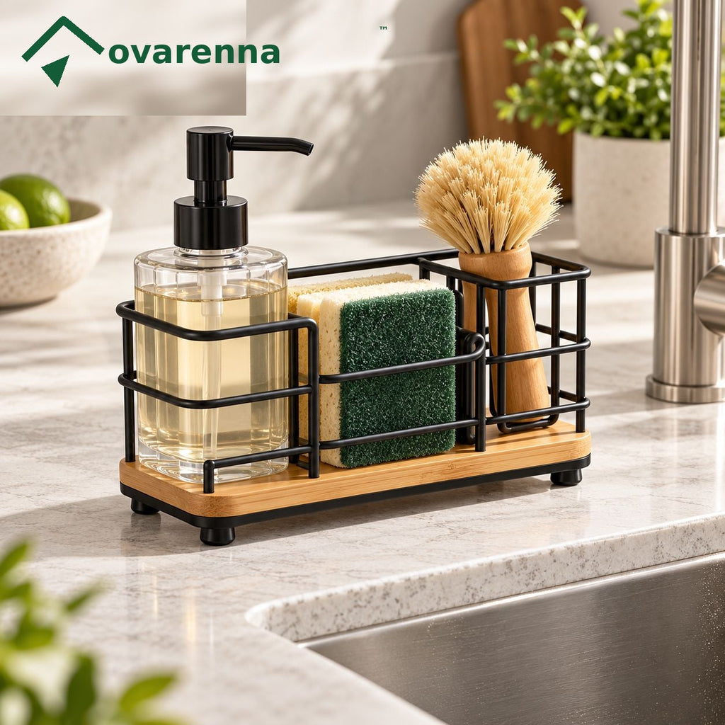 ovarenna Black Wire Sink Caddy with Bamboo Base detail image