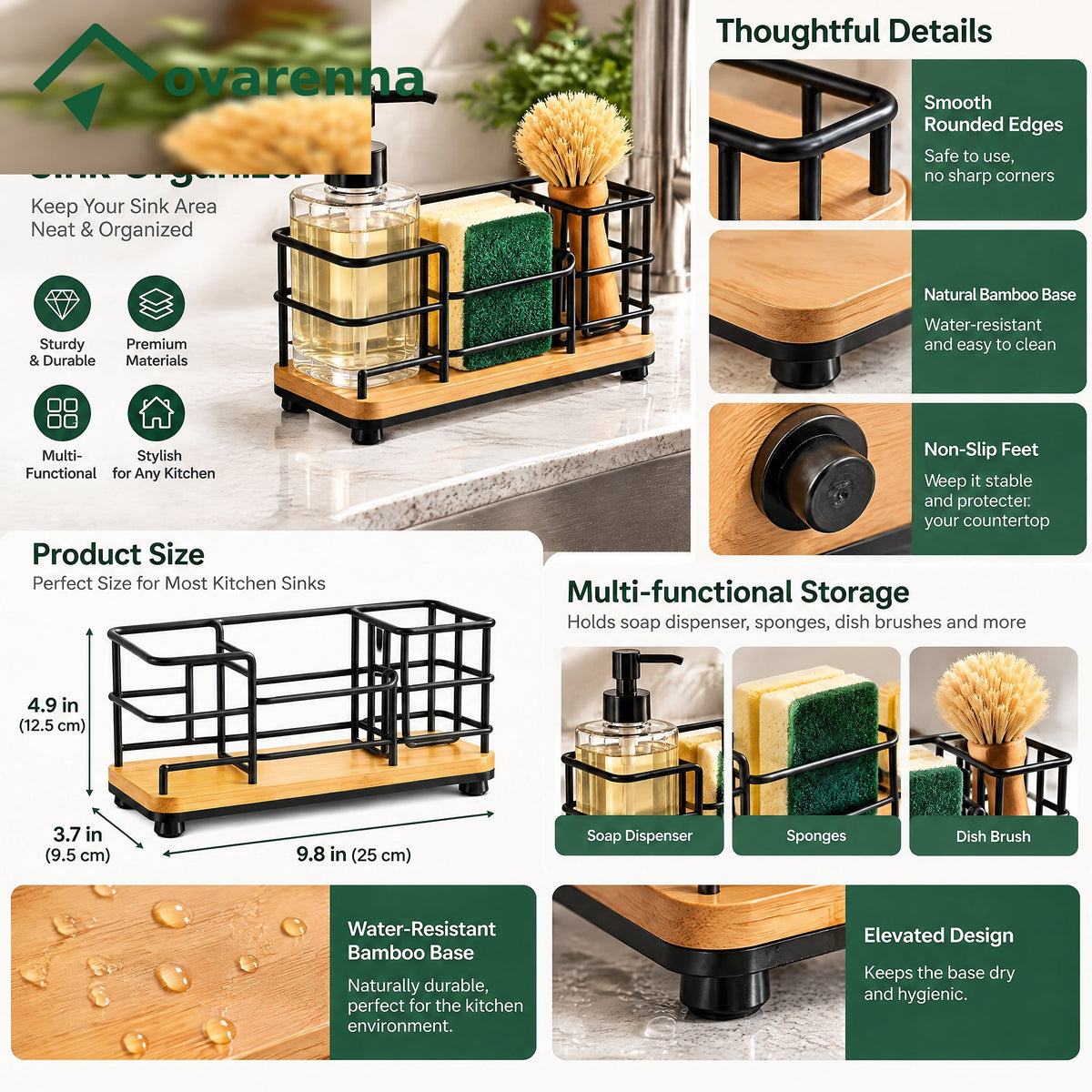 ovarenna Black Wire Sink Caddy with Bamboo Base detail image