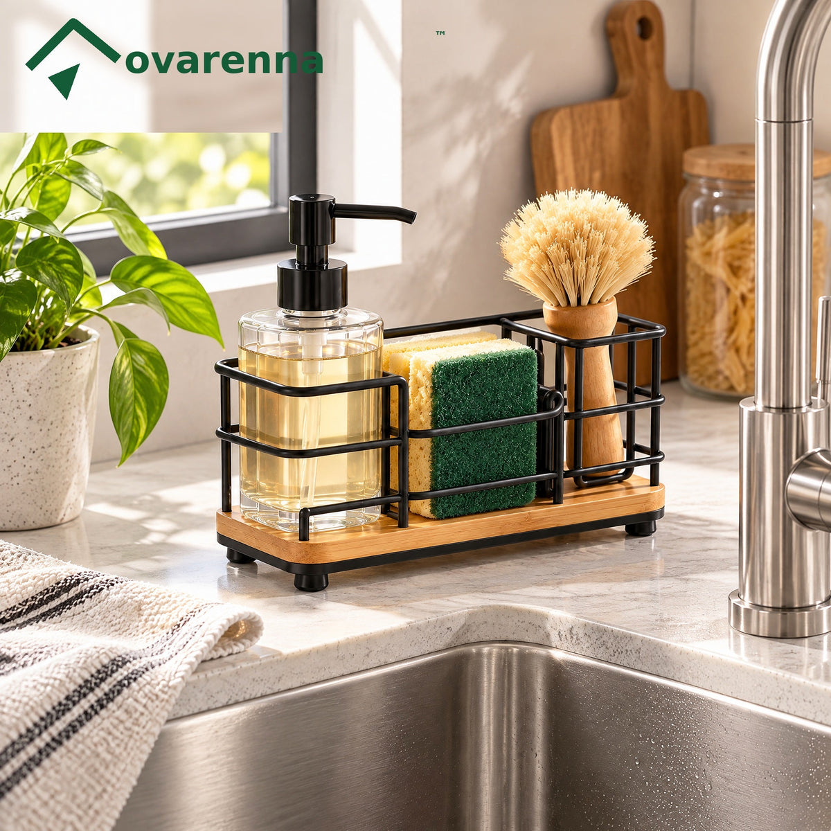 ovarenna Black Wire Sink Caddy with Bamboo Base detail image