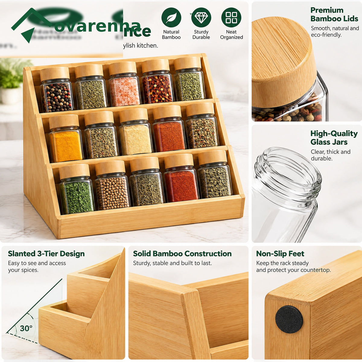 ovarenna 3-Tier Bamboo Spice Rack Organizer detail image