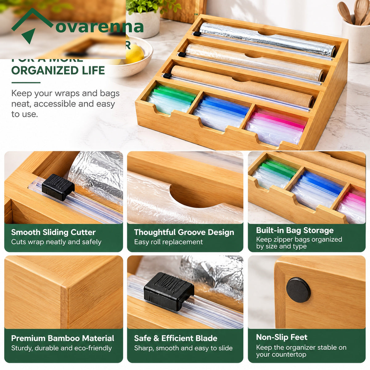 ovarenna Bamboo Wrap & Bag Organizer Station detail image