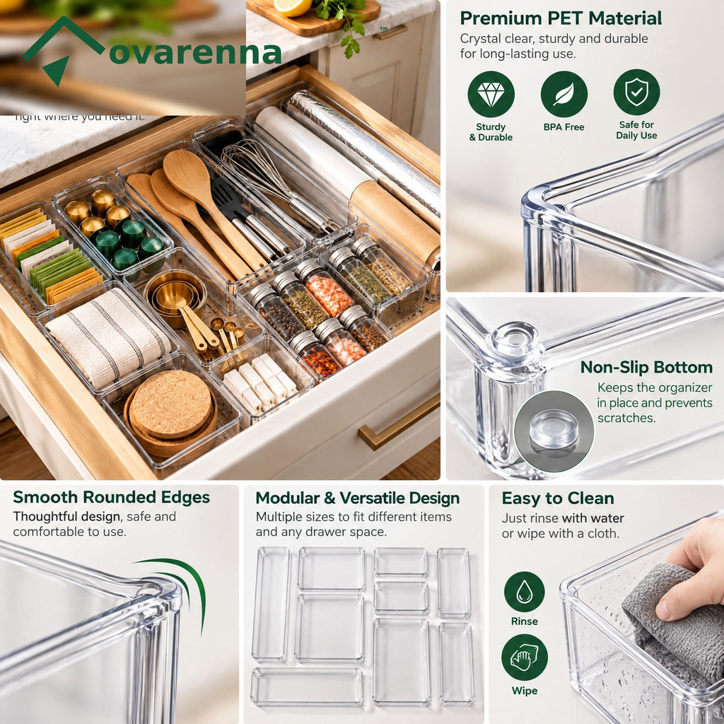ovarenna Modular Clear Kitchen Drawer Organizer Set detail image