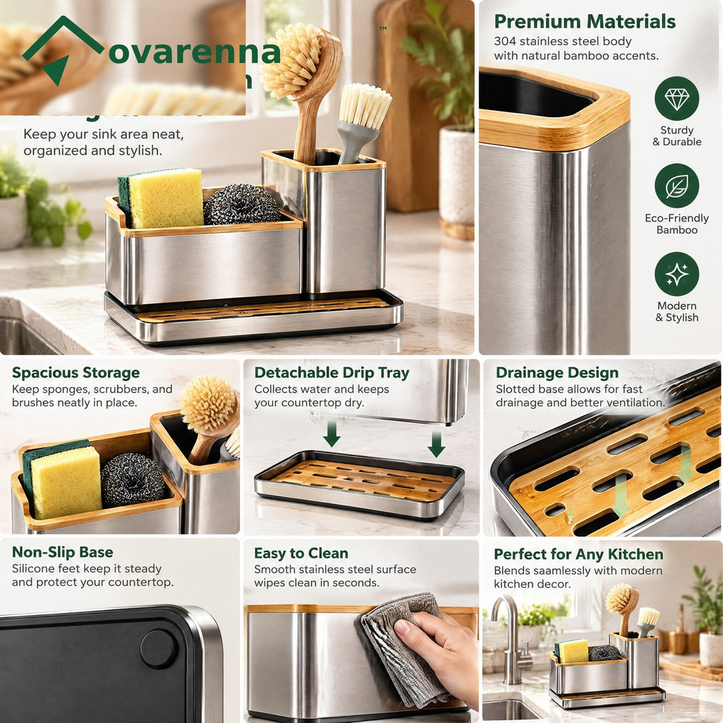 ovarenna Stainless Steel & Bamboo Sink Organizer detail image